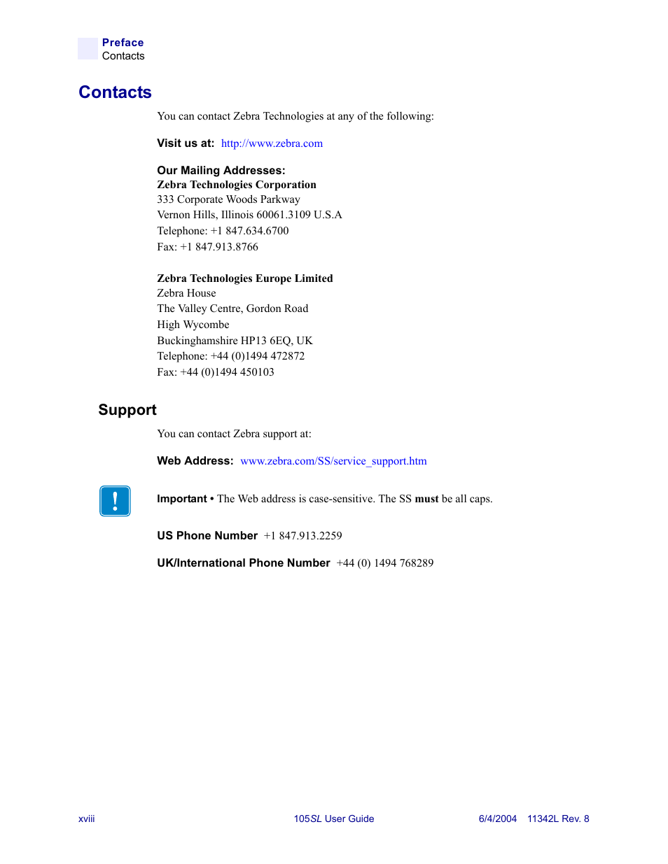 Contacts, Support | Zebra Technologies Zebra S Series 105SL User Manual | Page 22 / 130