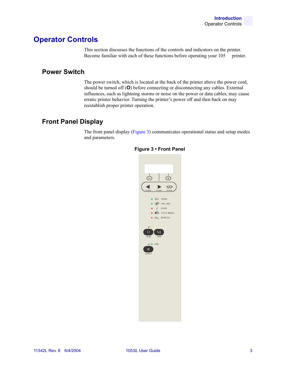 Operator controls, Power switch, Front panel display | Power switch front panel display | Zebra Technologies Zebra S Series 105SL User Manual | Page 27 / 130