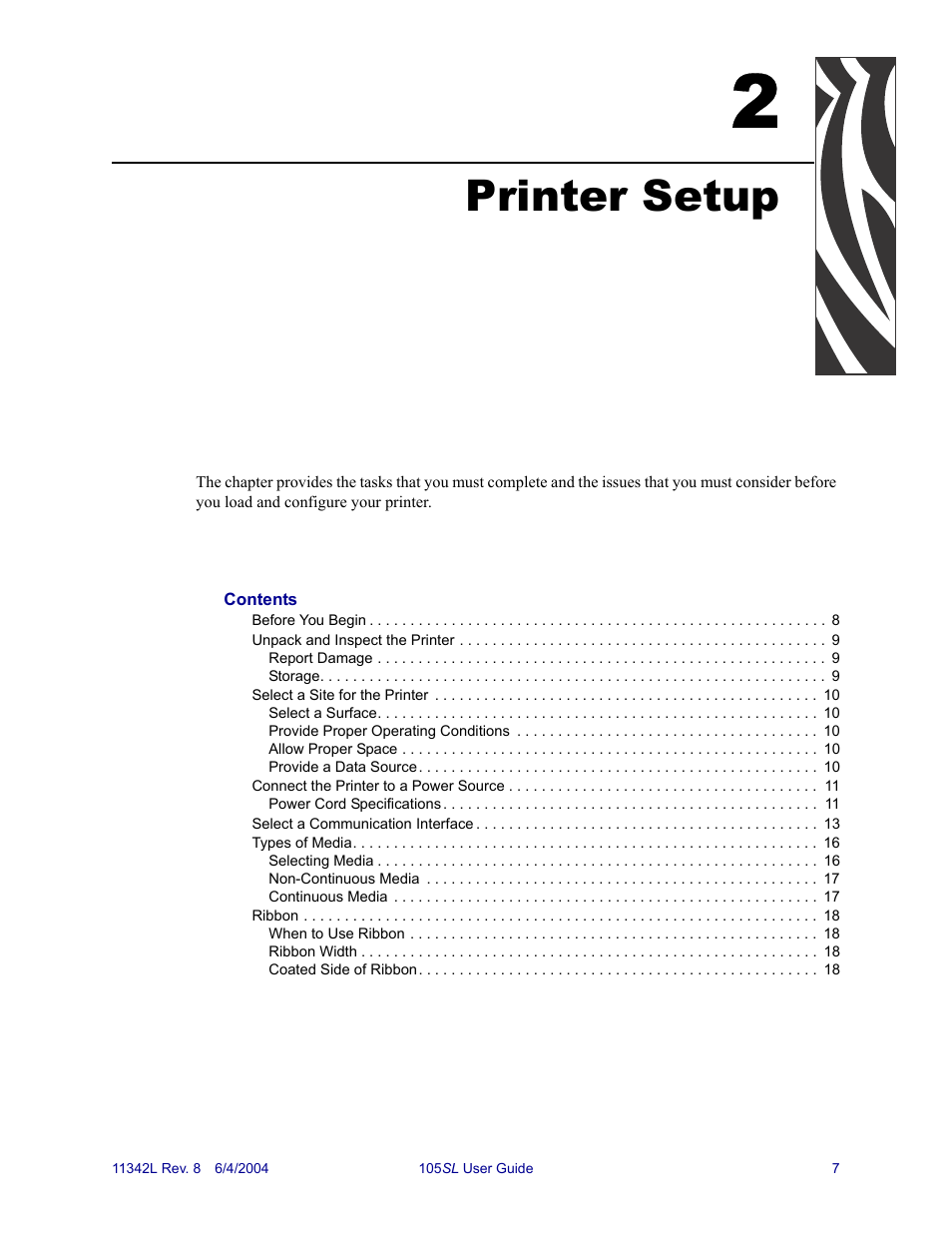 Printer setup, 2 • printer setup | Zebra Technologies Zebra S Series 105SL User Manual | Page 31 / 130