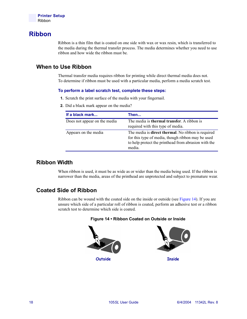 Ribbon, When to use ribbon, Ribbon width | Coated side of ribbon | Zebra Technologies Zebra S Series 105SL User Manual | Page 42 / 130