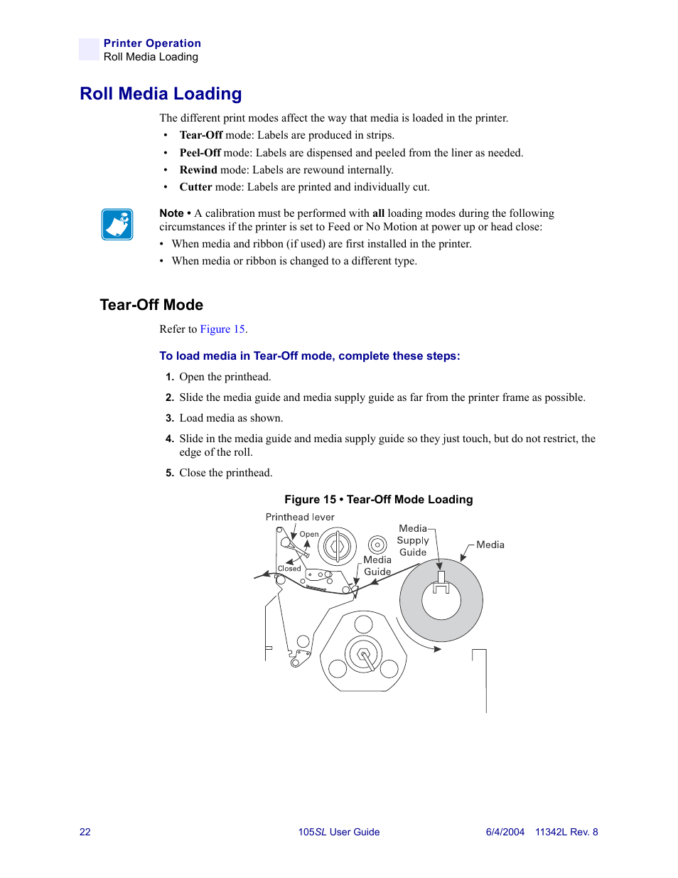 Roll media loading, Tear-off mode | Zebra Technologies Zebra S Series 105SL User Manual | Page 46 / 130