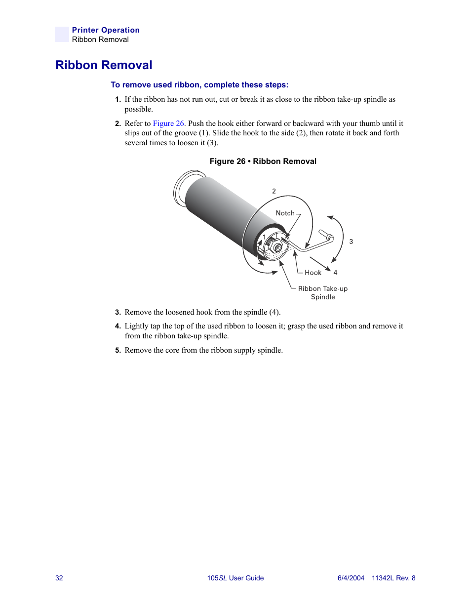 Ribbon removal | Zebra Technologies Zebra S Series 105SL User Manual | Page 56 / 130