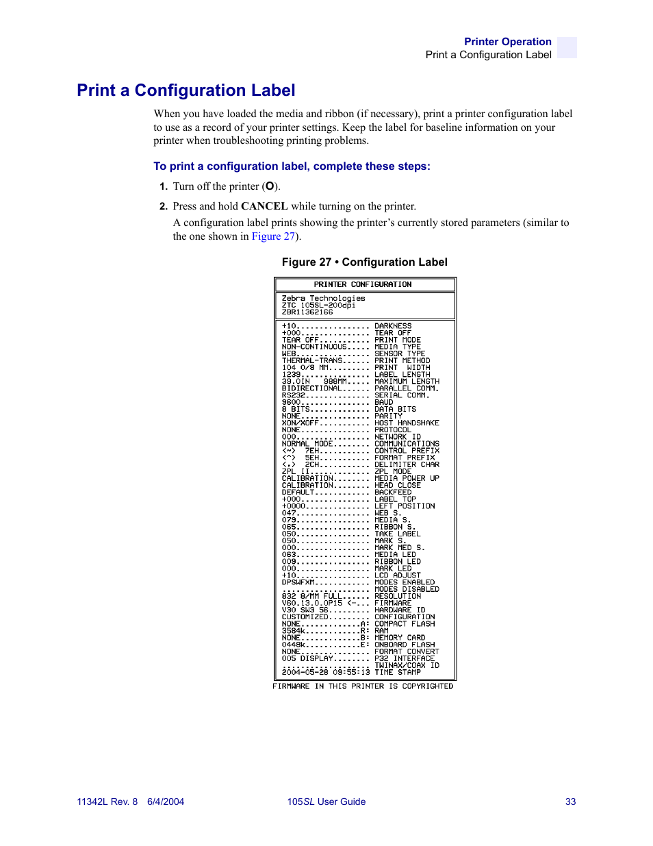 Print a configuration label | Zebra Technologies Zebra S Series 105SL User Manual | Page 57 / 130