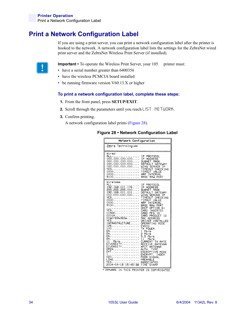 Print a network configuration label | Zebra Technologies Zebra S Series 105SL User Manual | Page 58 / 130