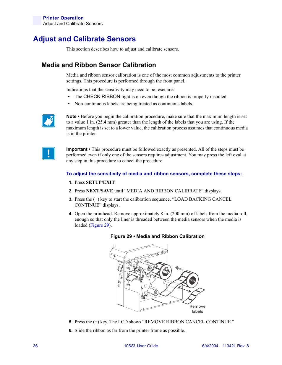 Adjust and calibrate sensors, Media and ribbon sensor calibration | Zebra Technologies Zebra S Series 105SL User Manual | Page 60 / 130