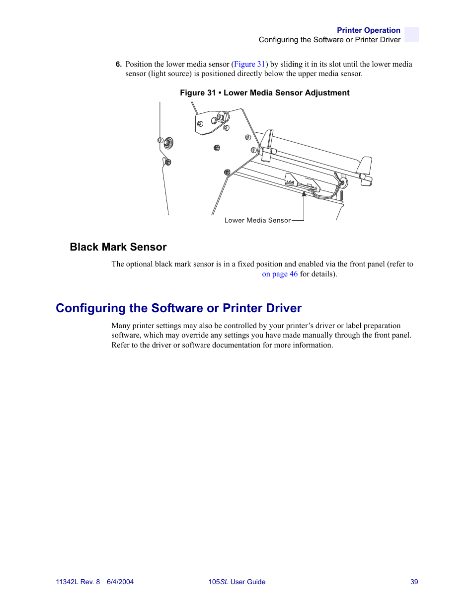 Black mark sensor, Configuring the software or printer driver | Zebra Technologies Zebra S Series 105SL User Manual | Page 63 / 130