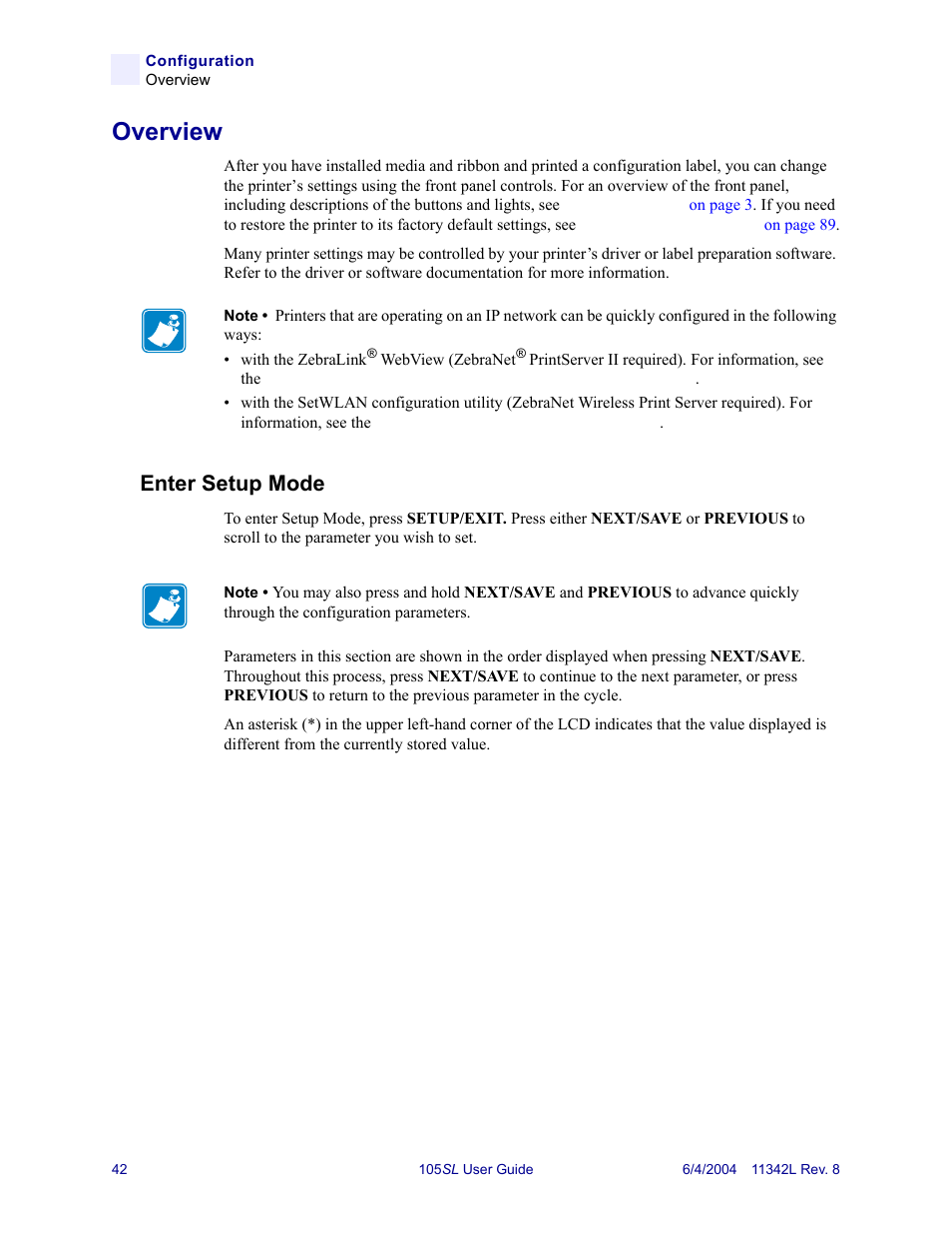 Overview, Enter setup mode | Zebra Technologies Zebra S Series 105SL User Manual | Page 66 / 130