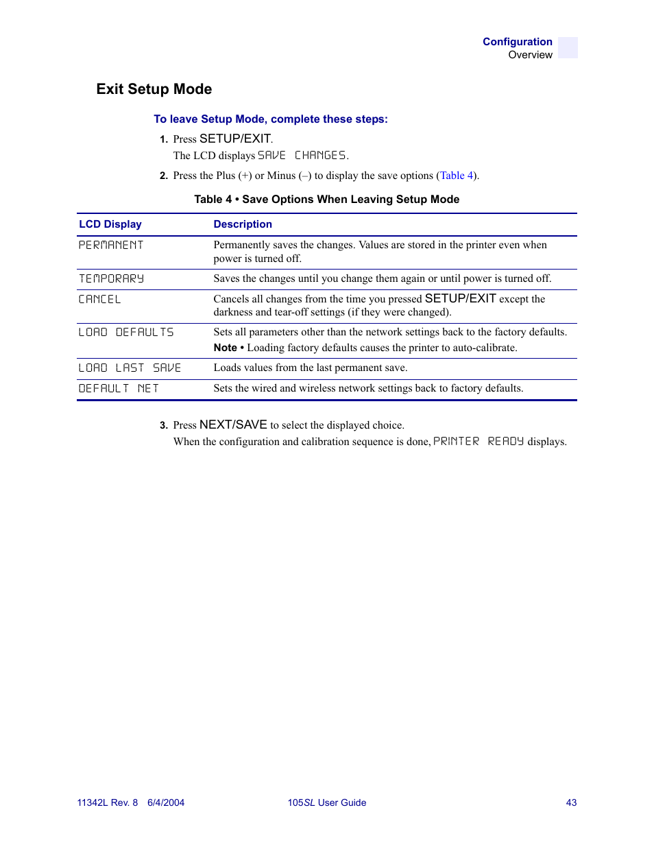 Exit setup mode | Zebra Technologies Zebra S Series 105SL User Manual | Page 67 / 130