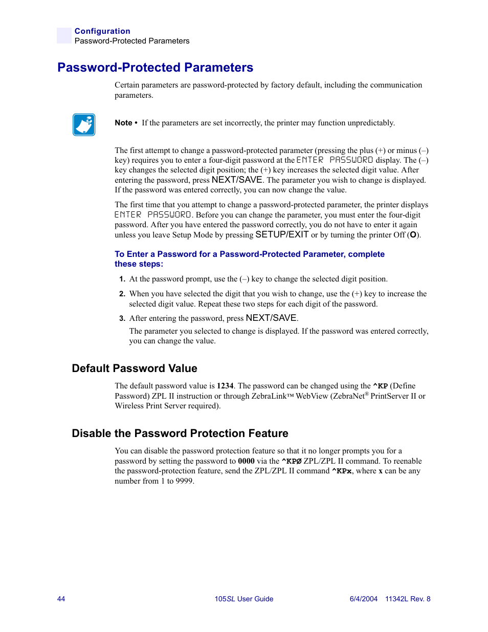 Password-protected parameters, Default password value, Disable the password protection feature | Zebra Technologies Zebra S Series 105SL User Manual | Page 68 / 130