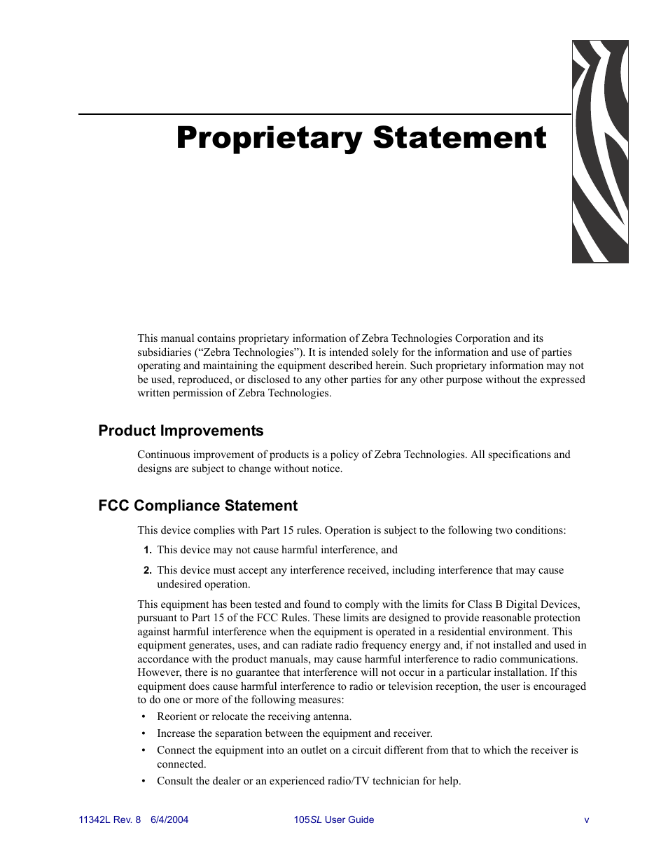 Proprietary statement | Zebra Technologies Zebra S Series 105SL User Manual | Page 9 / 130