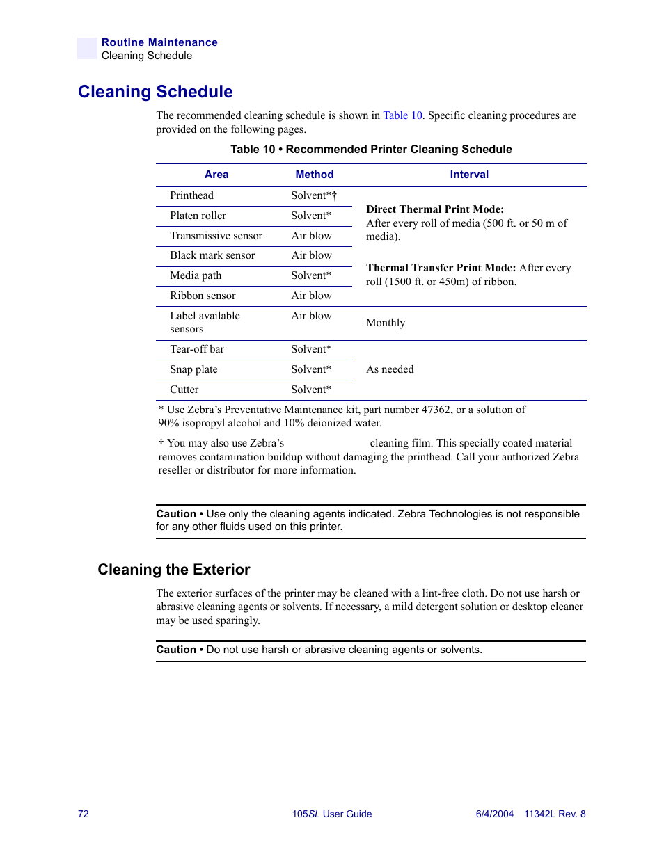 Cleaning schedule, Cleaning the exterior | Zebra Technologies Zebra S Series 105SL User Manual | Page 96 / 130