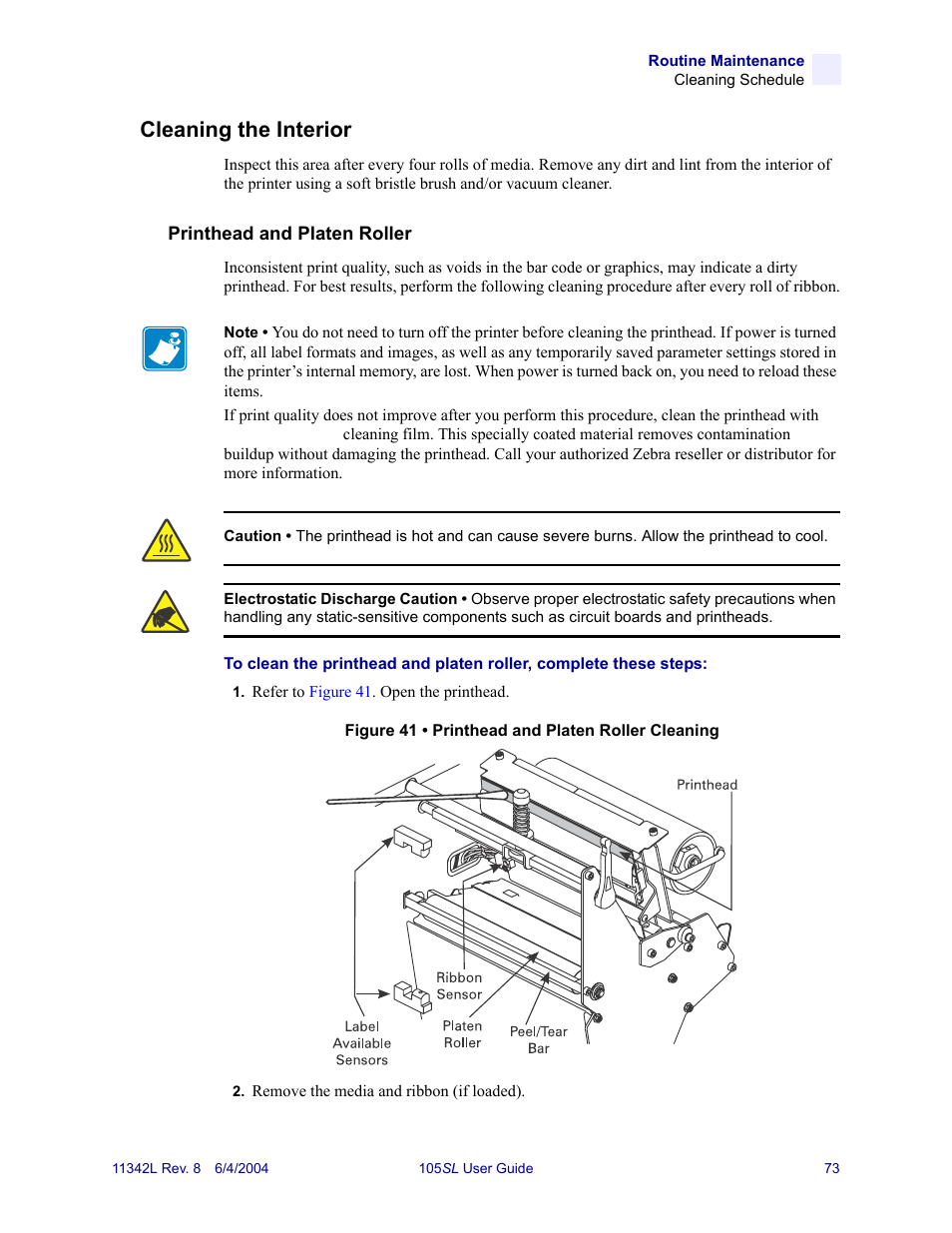 Cleaning the interior | Zebra Technologies Zebra S Series 105SL User Manual | Page 97 / 130