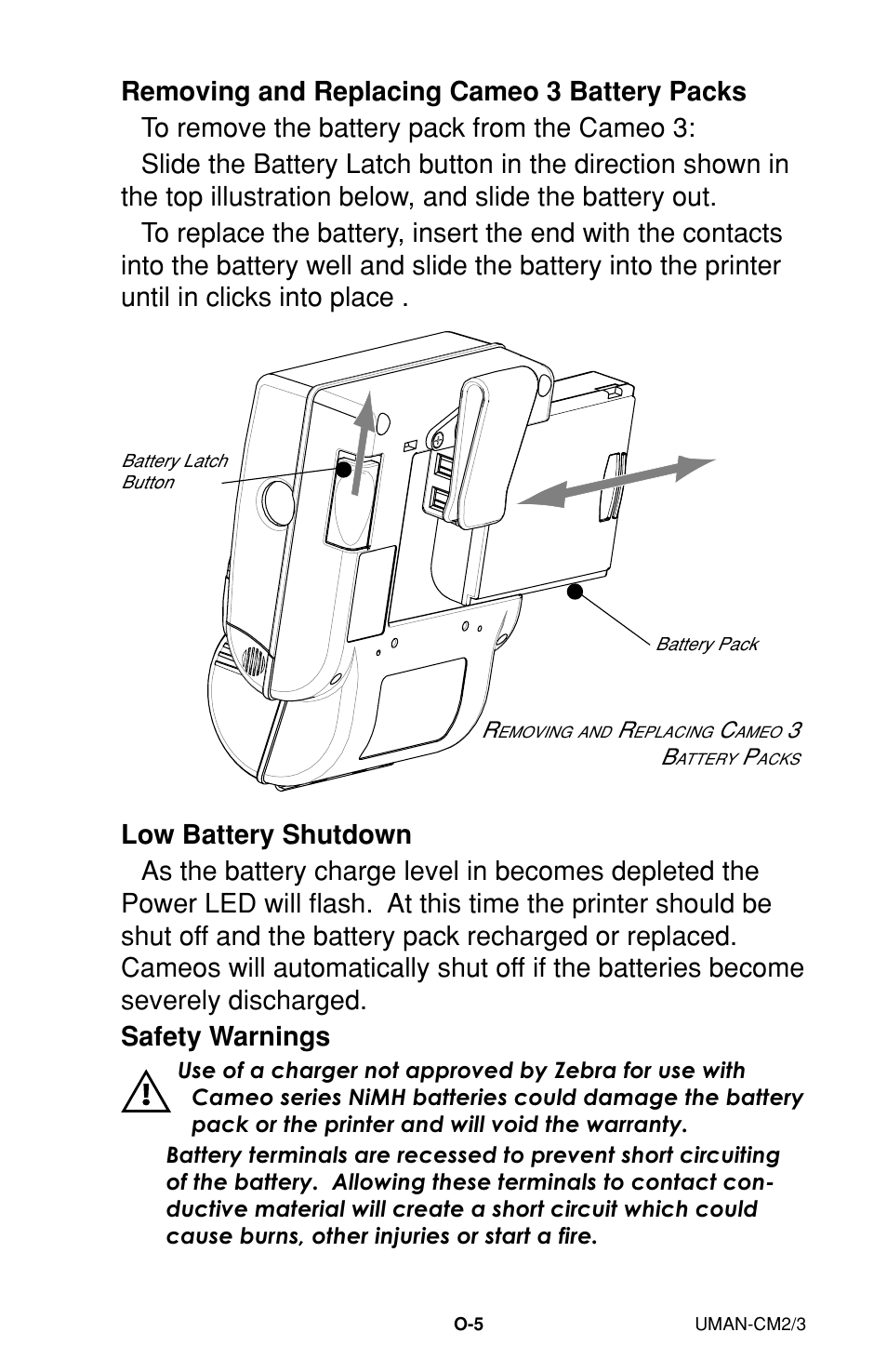 Removing and replacing cameo 3 battery packs, Low battery shutdown, Safety warnings | Zebra Technologies XiIIIPlus User Manual | Page 11 / 40