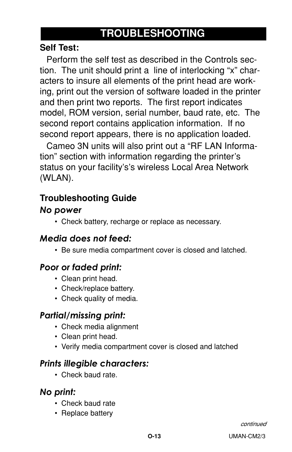 Troubleshooting, Self test, Troubleshooting guide | Zebra Technologies XiIIIPlus User Manual | Page 19 / 40