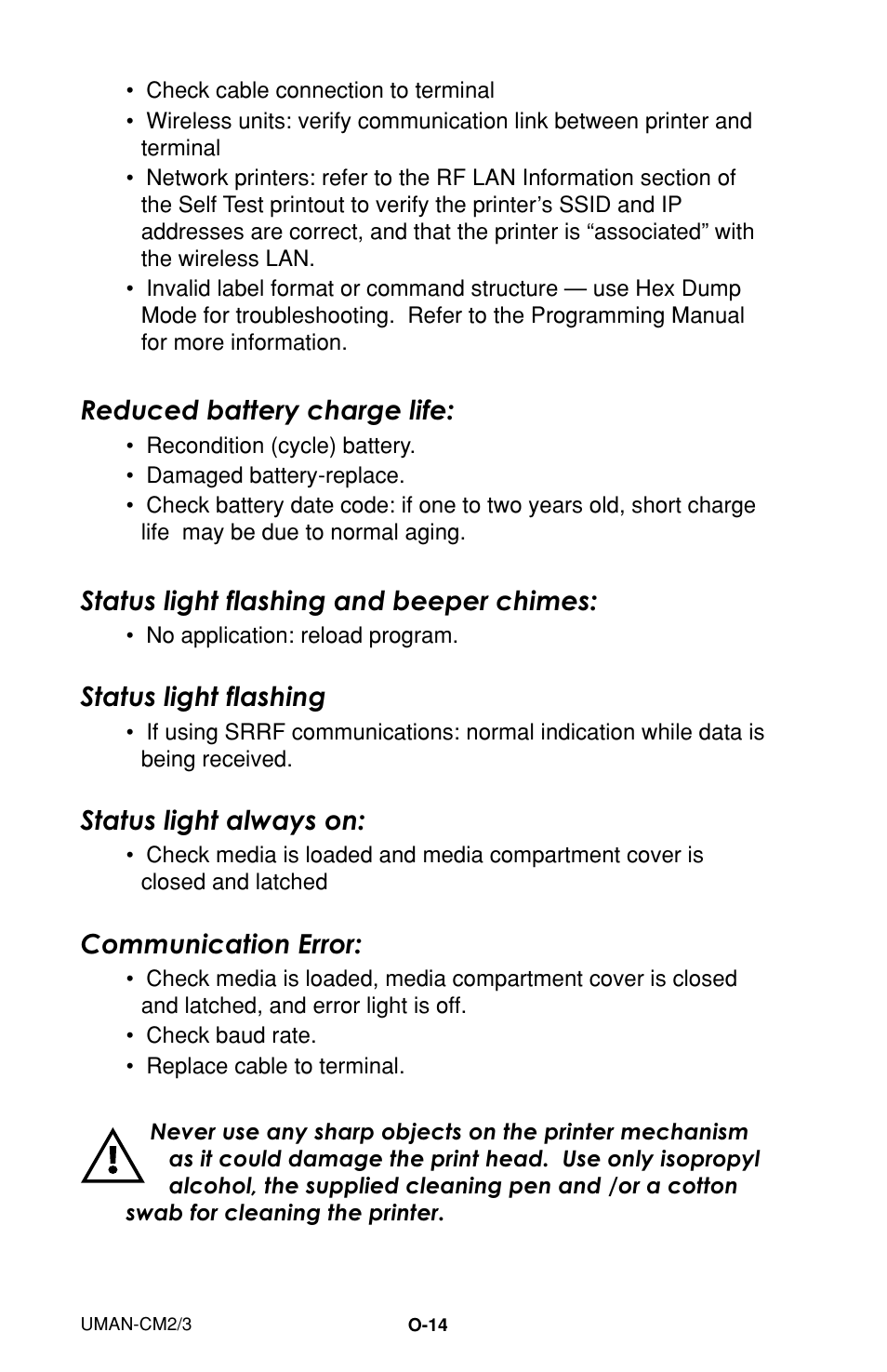 Reduced battery charge life, Status light flashing and beeper chimes, Status light flashing | Status light always on, Communication error | Zebra Technologies XiIIIPlus User Manual | Page 20 / 40