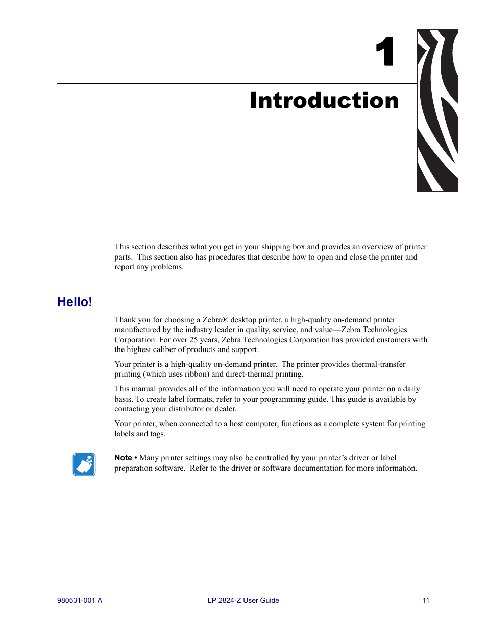 Introduction, 1 • introduction | Zebra Technologies Zebra LP 2824-Z User Manual | Page 11 / 62