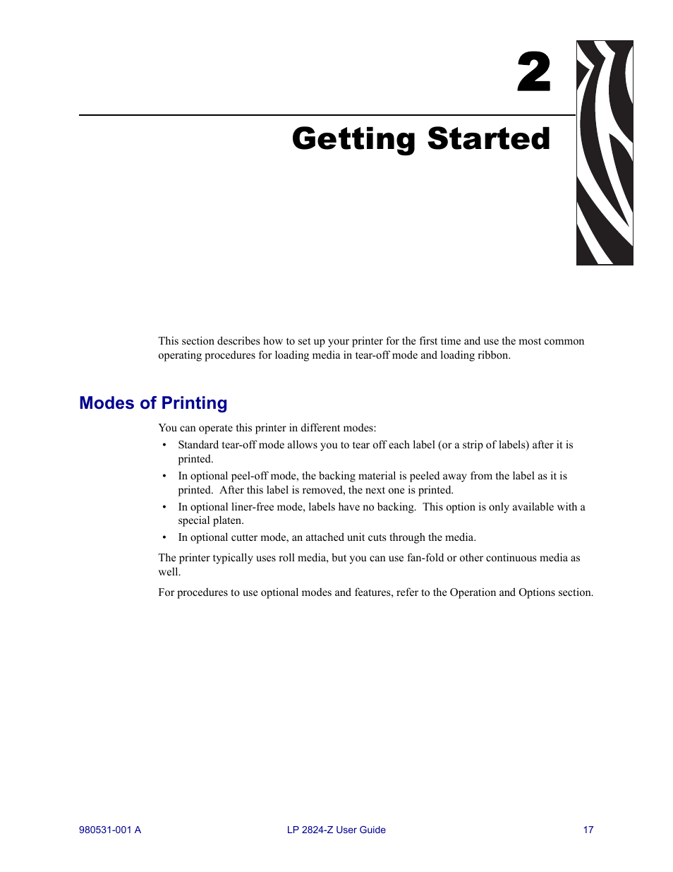 Getting started, Modes of printing, 2 • getting started | Zebra Technologies Zebra LP 2824-Z User Manual | Page 17 / 62