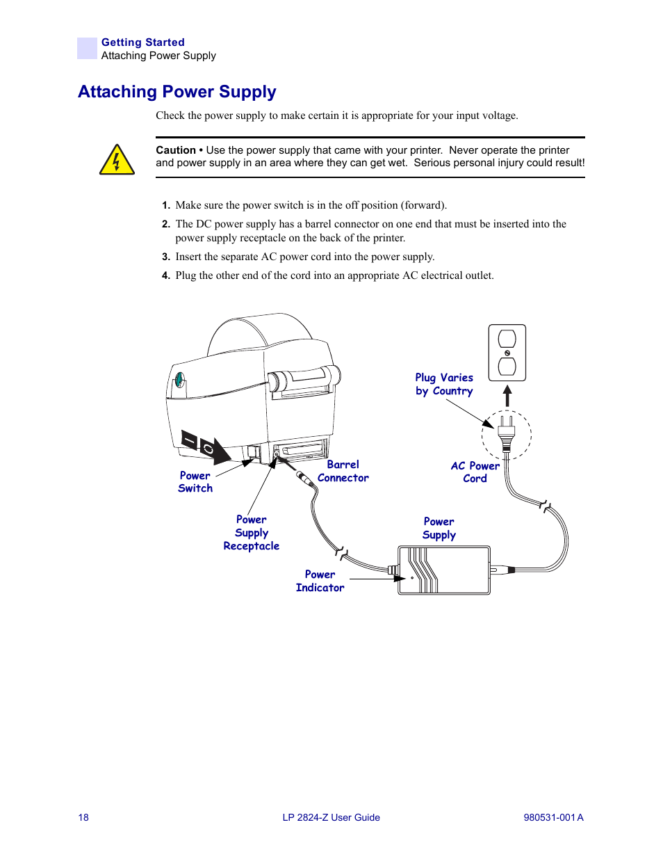 Attaching power supply | Zebra Technologies Zebra LP 2824-Z User Manual | Page 18 / 62