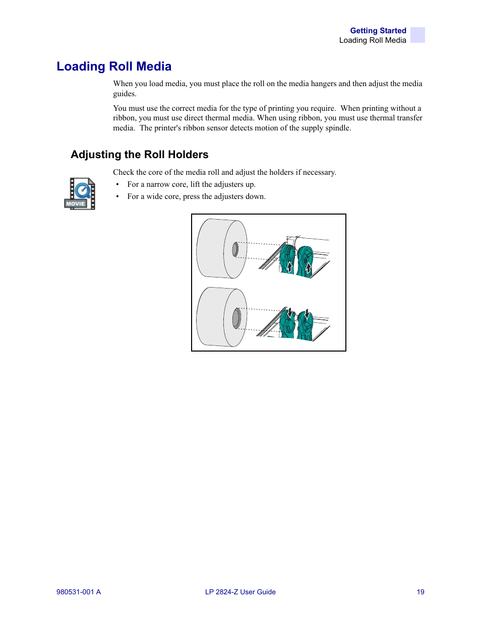 Loading roll media, Adjusting the roll holders | Zebra Technologies Zebra LP 2824-Z User Manual | Page 19 / 62