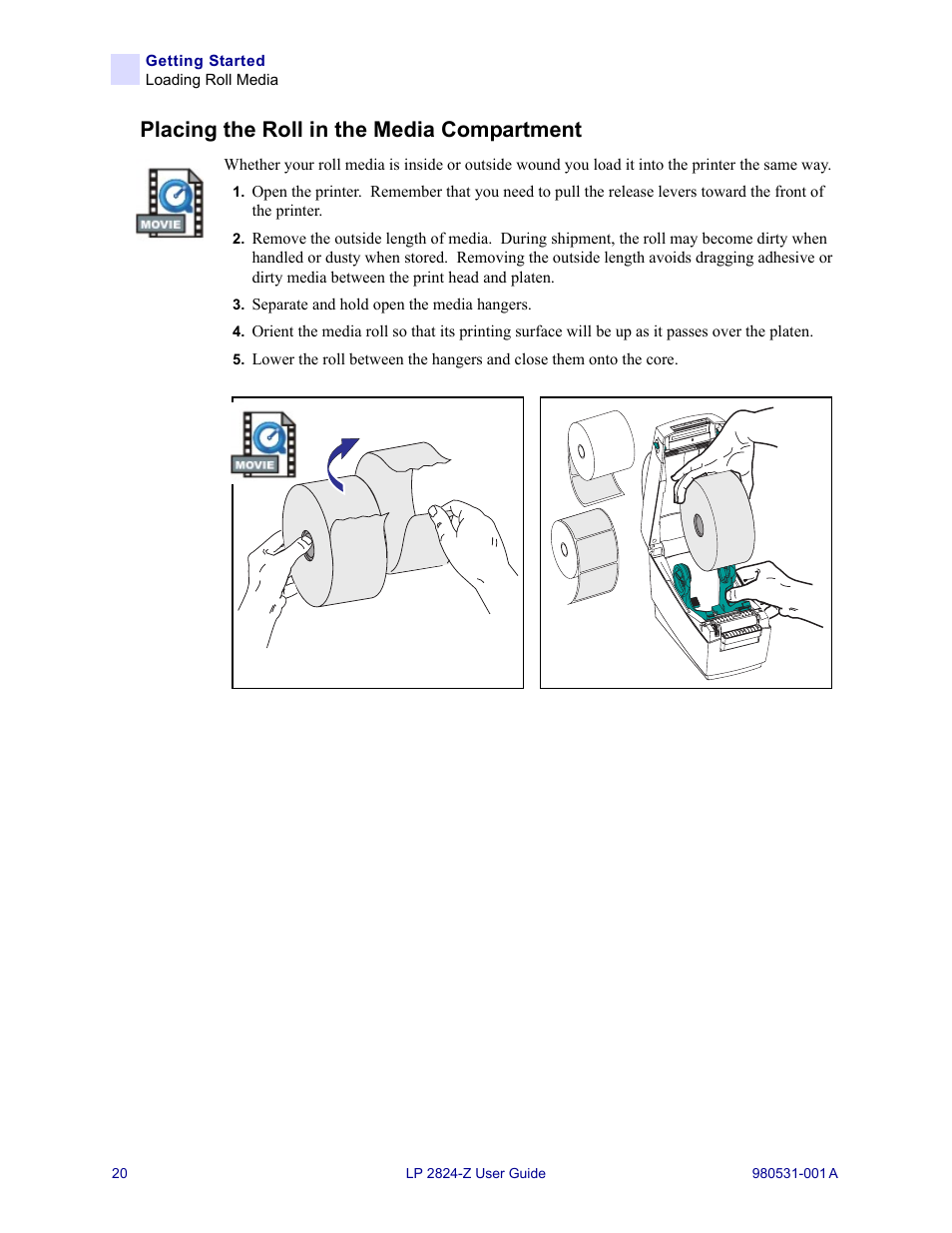 Placing the roll in the media compartment | Zebra Technologies Zebra LP 2824-Z User Manual | Page 20 / 62