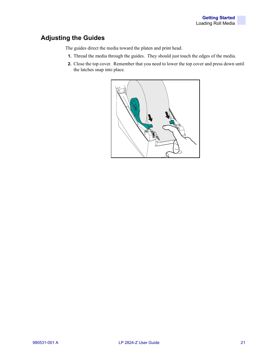 Adjusting the guides | Zebra Technologies Zebra LP 2824-Z User Manual | Page 21 / 62