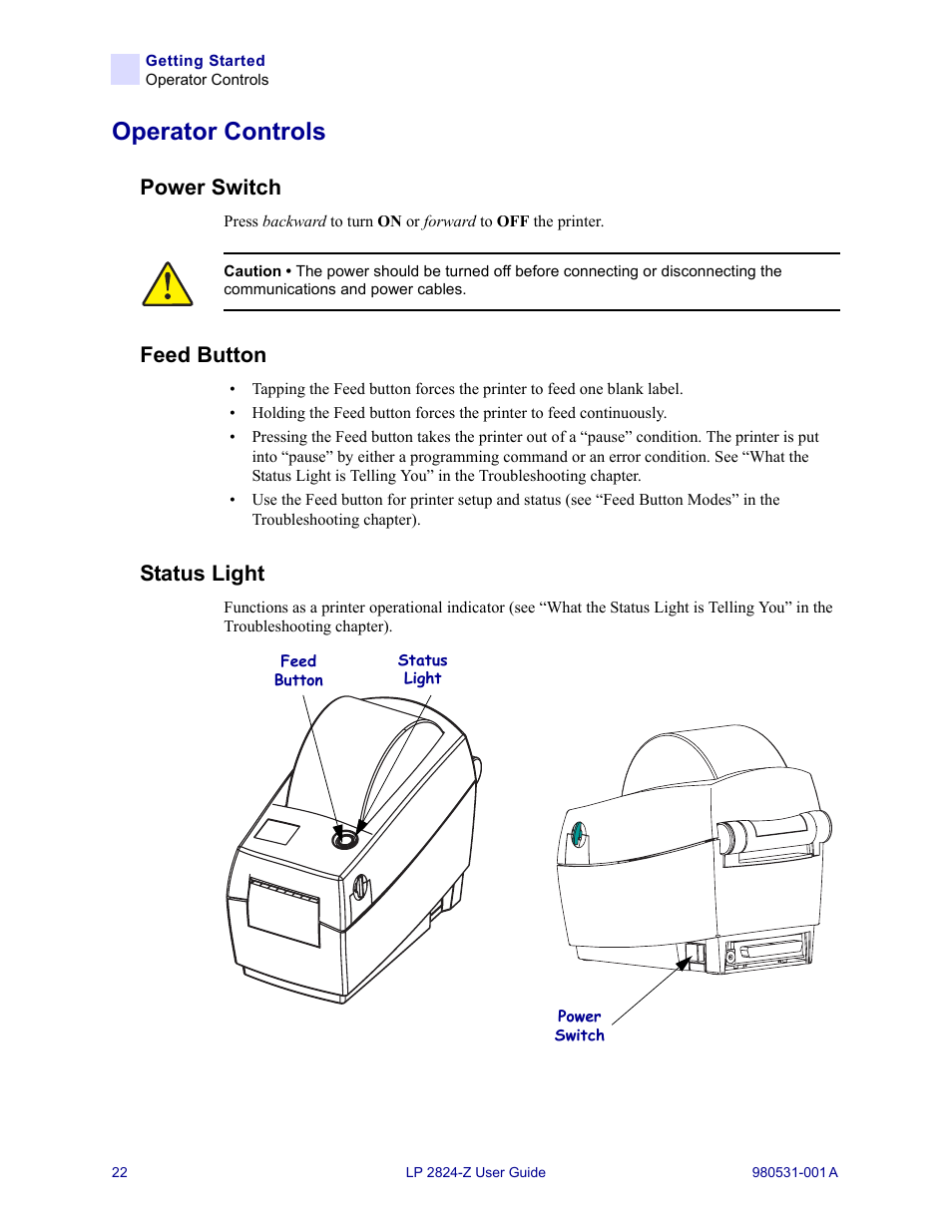 Operator controls, Power switch, Feed button | Status light | Zebra Technologies Zebra LP 2824-Z User Manual | Page 22 / 62