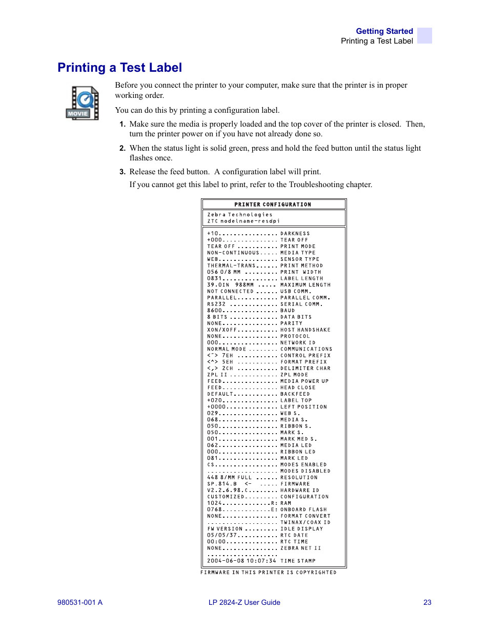 Printing a test label | Zebra Technologies Zebra LP 2824-Z User Manual | Page 23 / 62