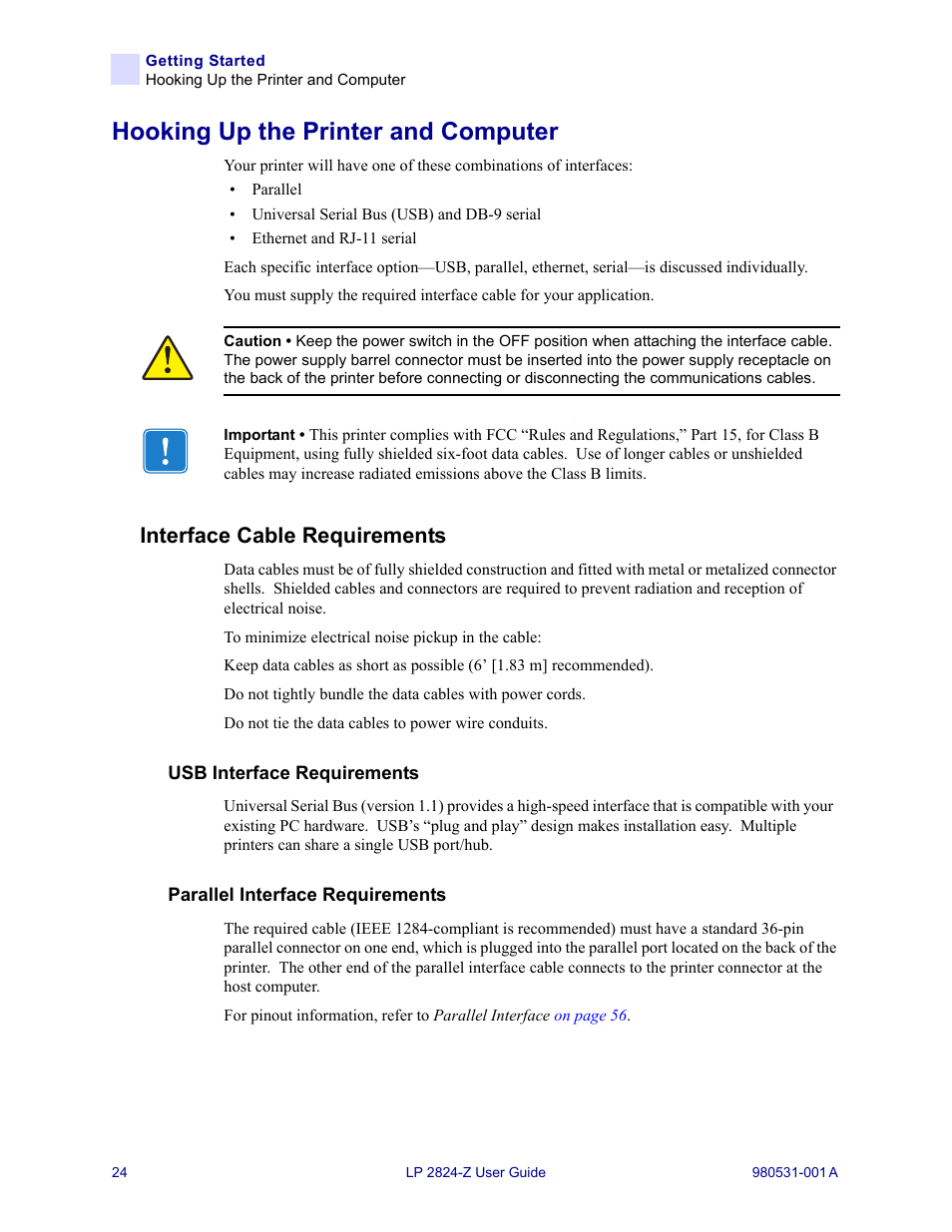 Hooking up the printer and computer, Interface cable requirements | Zebra Technologies Zebra LP 2824-Z User Manual | Page 24 / 62