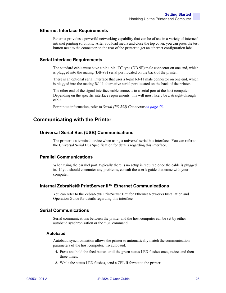 Communicating with the printer | Zebra Technologies Zebra LP 2824-Z User Manual | Page 25 / 62