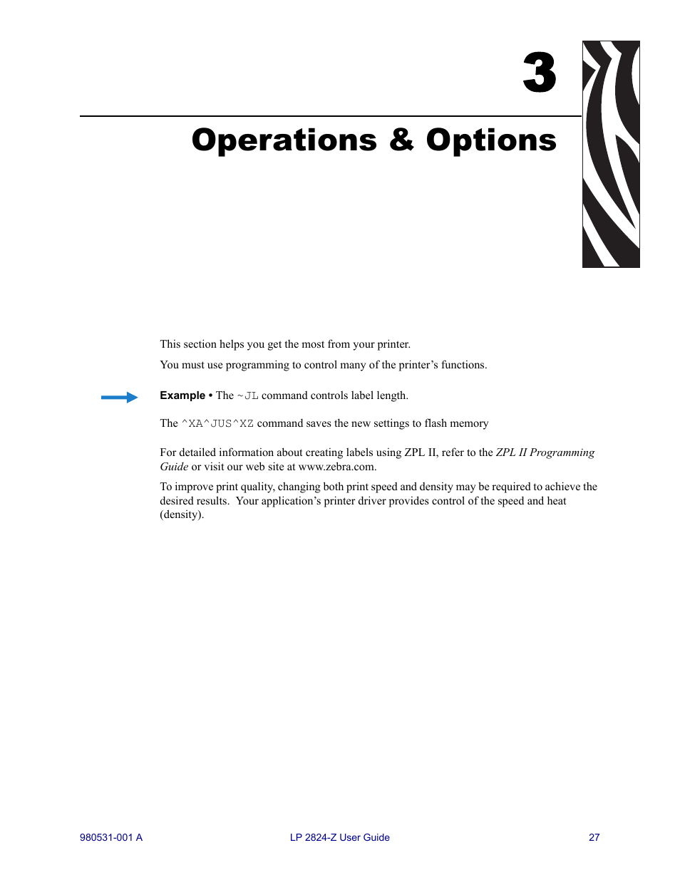 Operations & options, 3 • operations & options | Zebra Technologies Zebra LP 2824-Z User Manual | Page 27 / 62
