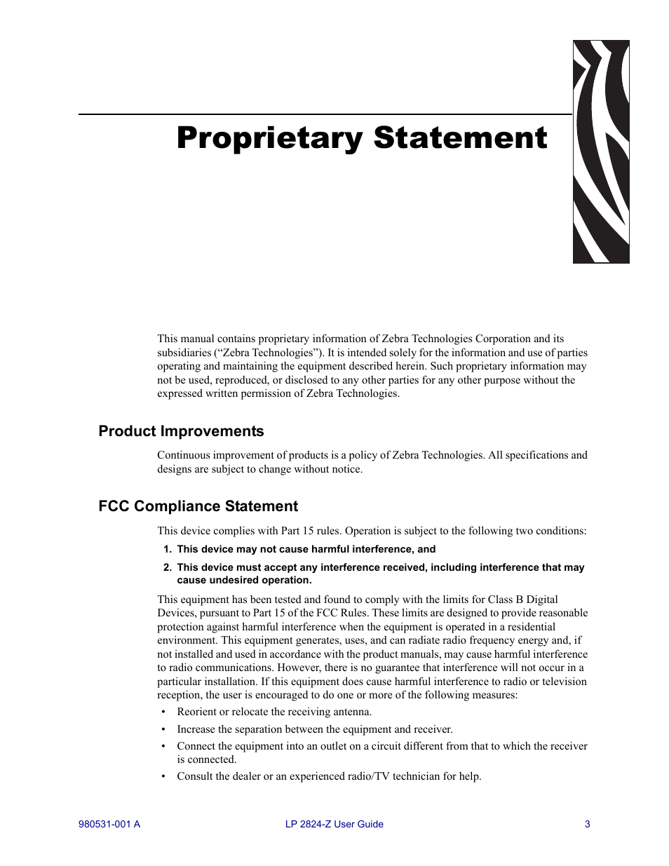 Proprietary statement | Zebra Technologies Zebra LP 2824-Z User Manual | Page 3 / 62