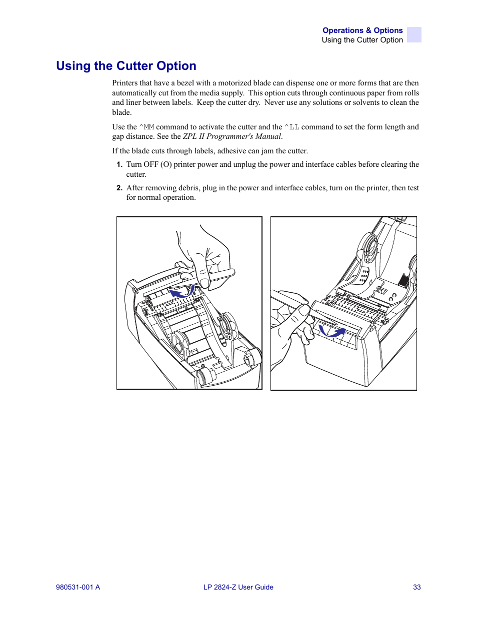 Using the cutter option | Zebra Technologies Zebra LP 2824-Z User Manual | Page 33 / 62