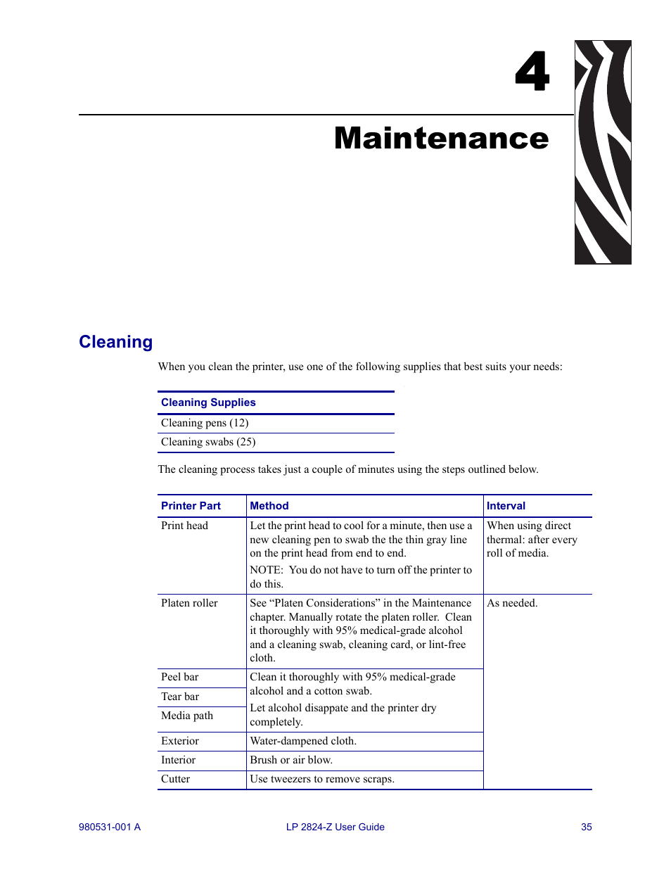 Maintenance, Cleaning, 4 • maintenance | Zebra Technologies Zebra LP 2824-Z User Manual | Page 35 / 62