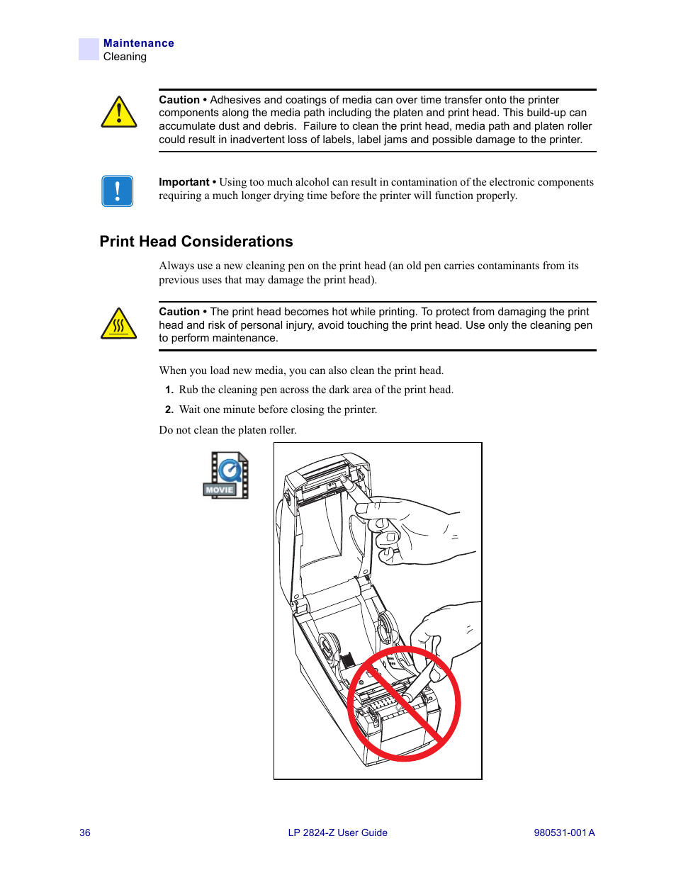 Print head considerations | Zebra Technologies Zebra LP 2824-Z User Manual | Page 36 / 62