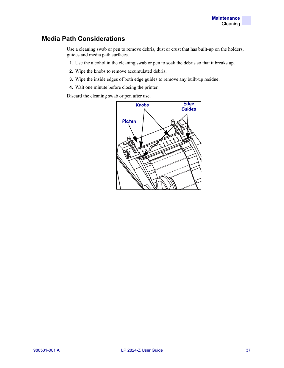 Media path considerations | Zebra Technologies Zebra LP 2824-Z User Manual | Page 37 / 62