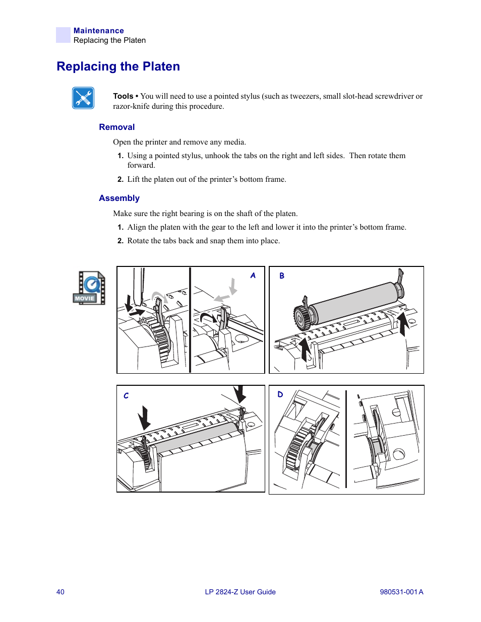 Replacing the platen | Zebra Technologies Zebra LP 2824-Z User Manual | Page 40 / 62