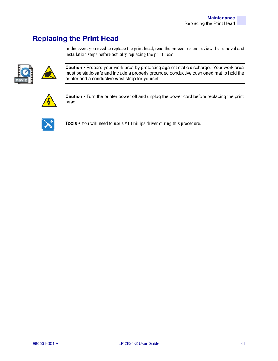Replacing the print head | Zebra Technologies Zebra LP 2824-Z User Manual | Page 41 / 62