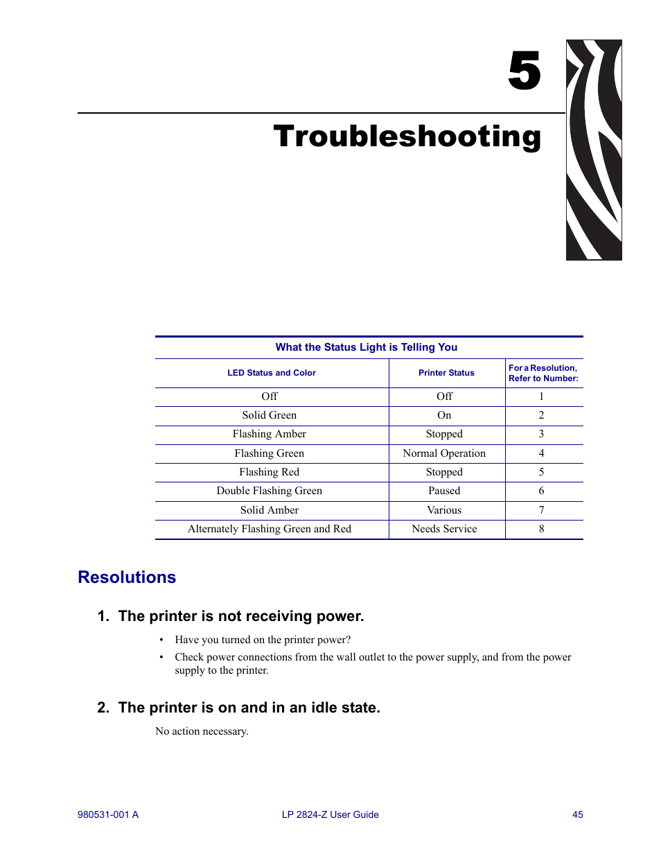 Troubleshooting, Resolutions, 5 • troubleshooting | Zebra Technologies Zebra LP 2824-Z User Manual | Page 45 / 62