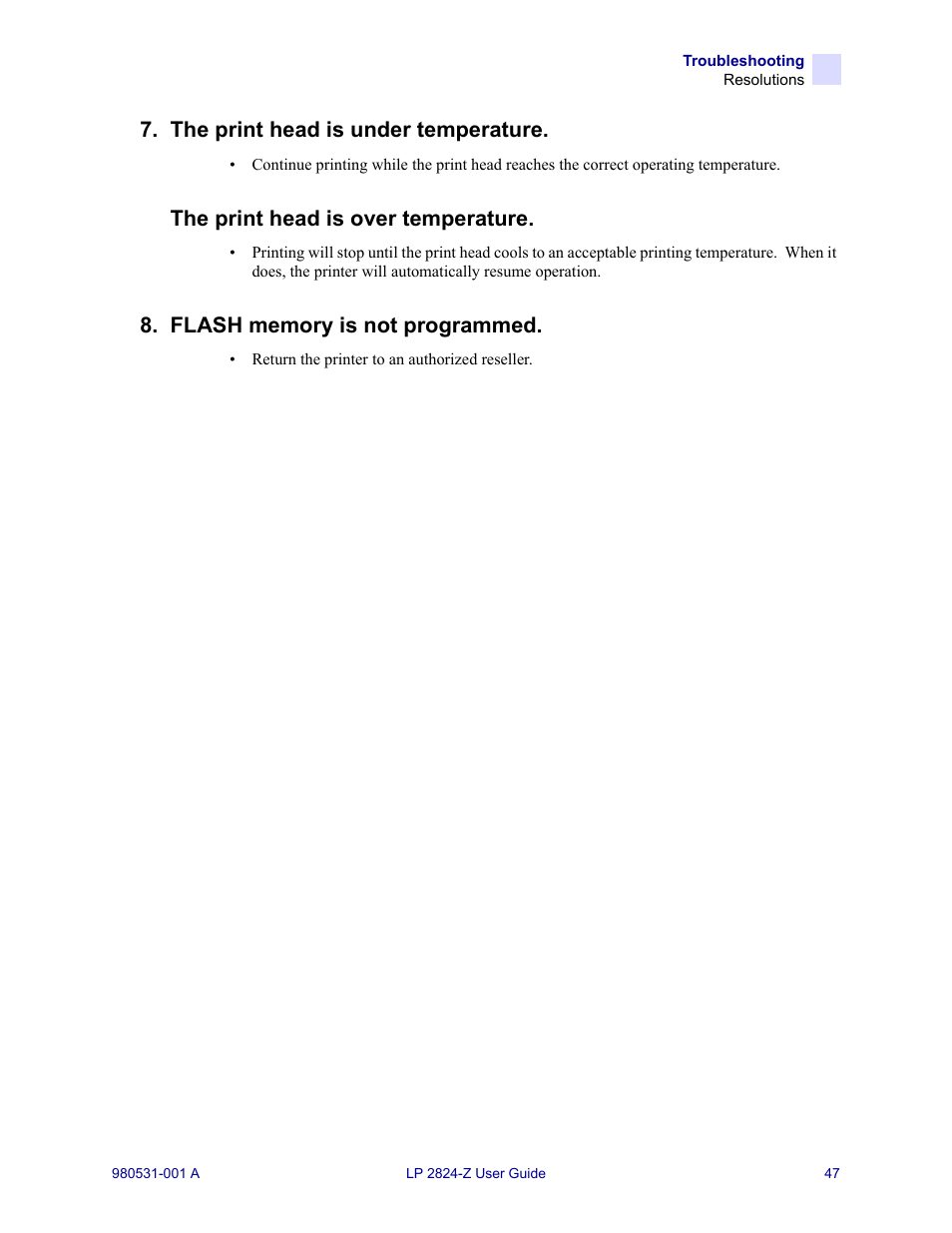 The print head is under temperature, The print head is over temperature | Zebra Technologies Zebra LP 2824-Z User Manual | Page 47 / 62