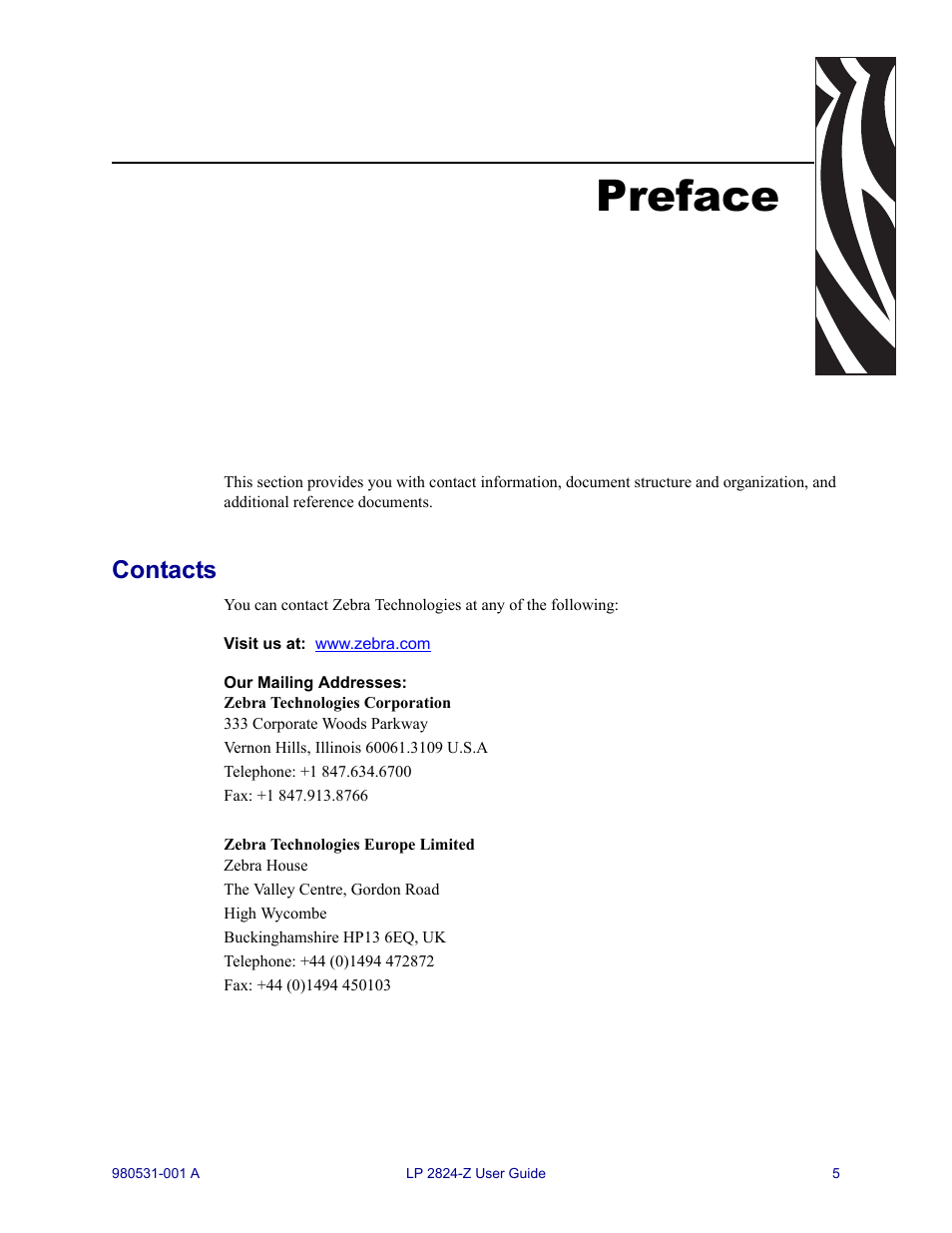 Preface, Contacts | Zebra Technologies Zebra LP 2824-Z User Manual | Page 5 / 62