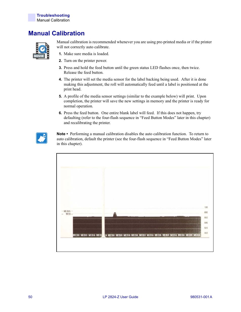 Manual calibration | Zebra Technologies Zebra LP 2824-Z User Manual | Page 50 / 62