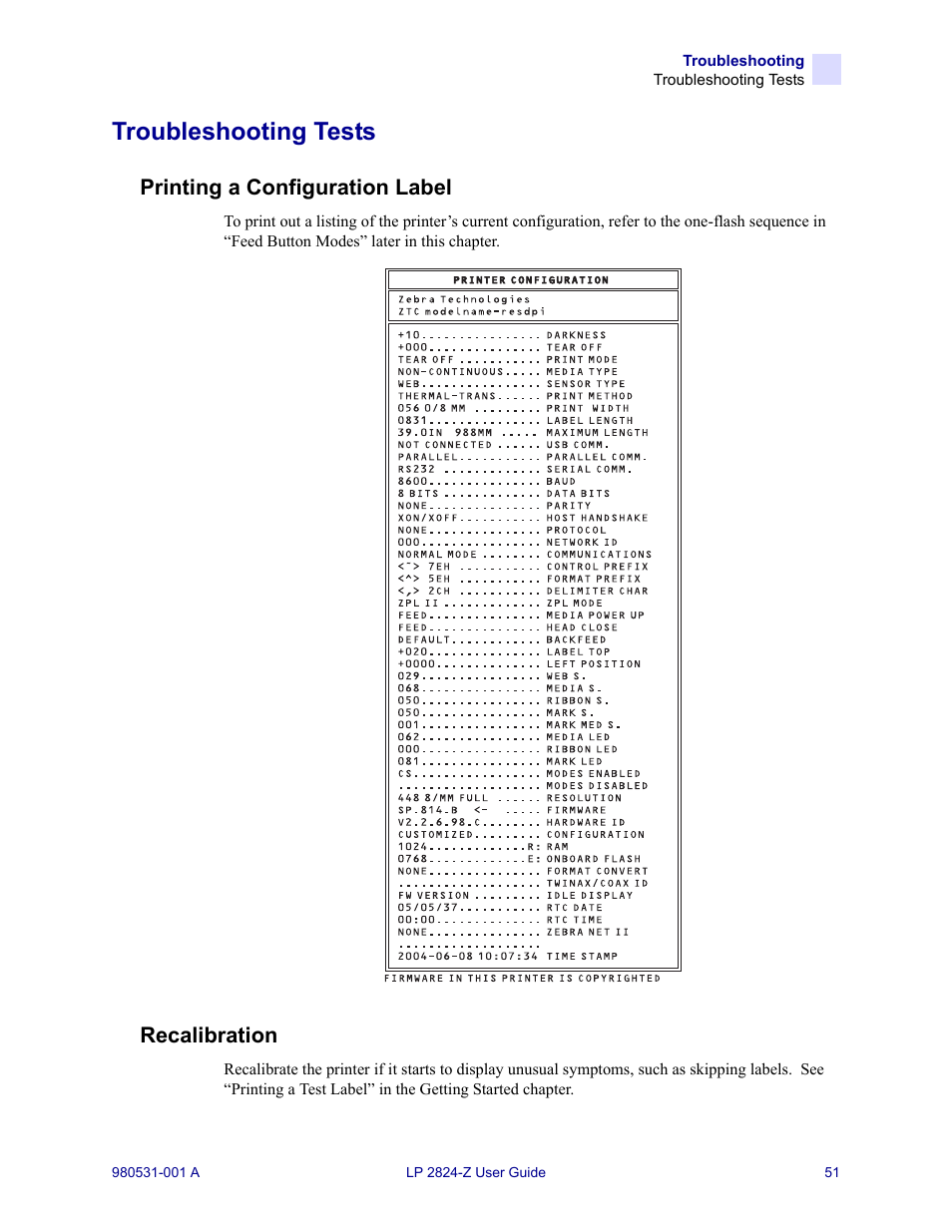 Troubleshooting tests, Printing a configuration label, Recalibration | Printing a configuration label recalibration | Zebra Technologies Zebra LP 2824-Z User Manual | Page 51 / 62