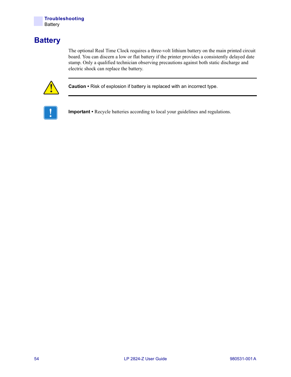 Battery | Zebra Technologies Zebra LP 2824-Z User Manual | Page 54 / 62