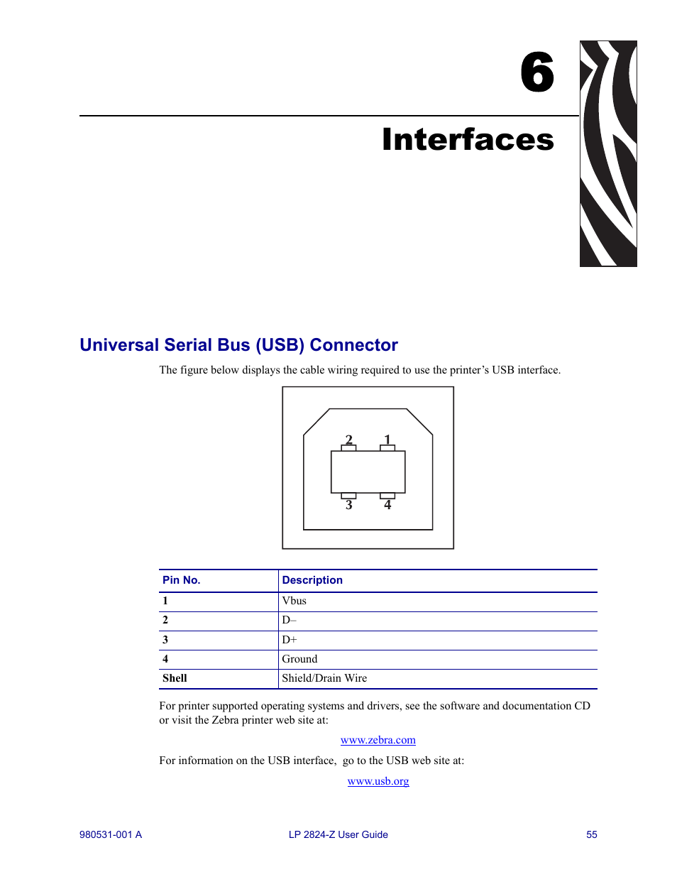 Interfaces, Universal serial bus (usb) connector, 6 • interfaces | Zebra Technologies Zebra LP 2824-Z User Manual | Page 55 / 62