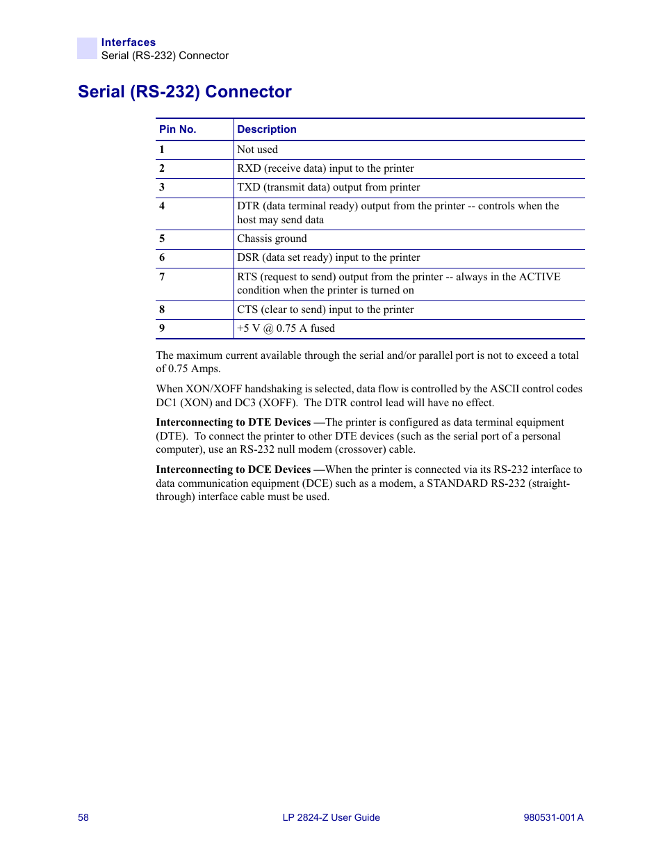 Serial (rs-232) connector | Zebra Technologies Zebra LP 2824-Z User Manual | Page 58 / 62