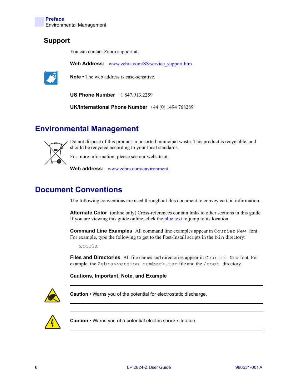 Support, Environmental management, Document conventions | Environmental management document conventions | Zebra Technologies Zebra LP 2824-Z User Manual | Page 6 / 62