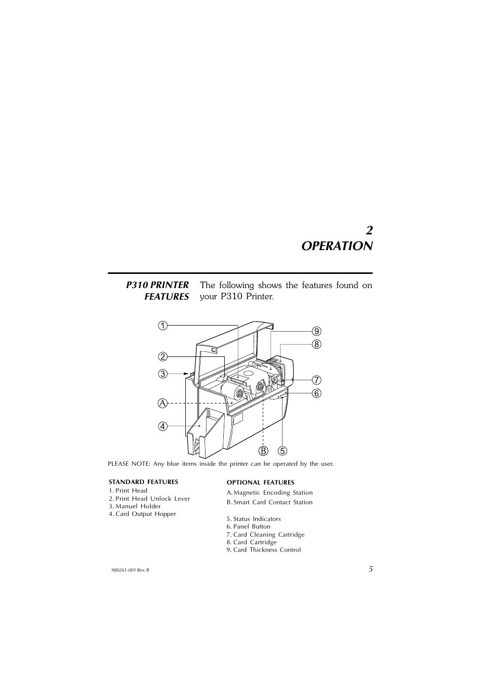 2operation, P310 printer features | Zebra Technologies P310F User Manual | Page 13 / 46