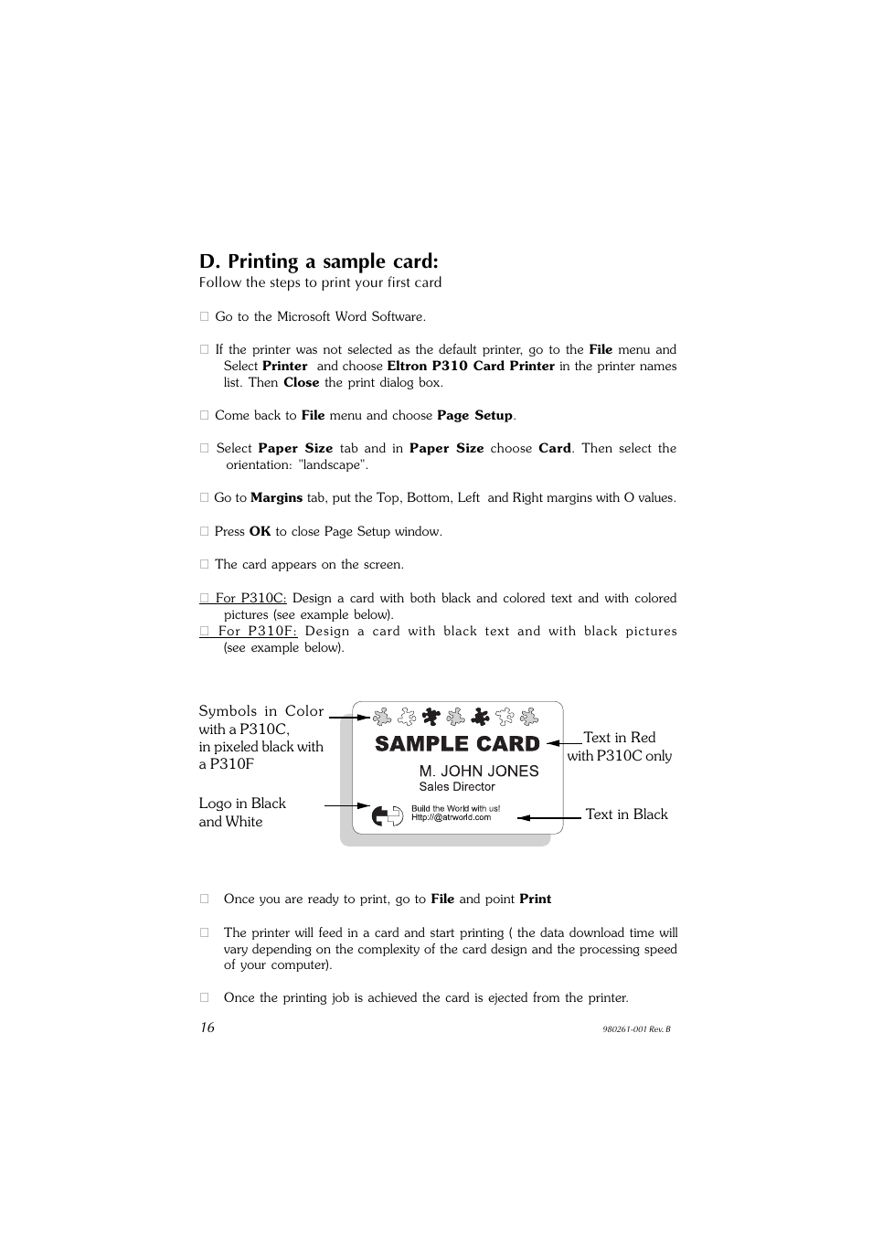 D. printing a sample card | Zebra Technologies P310F User Manual | Page 24 / 46