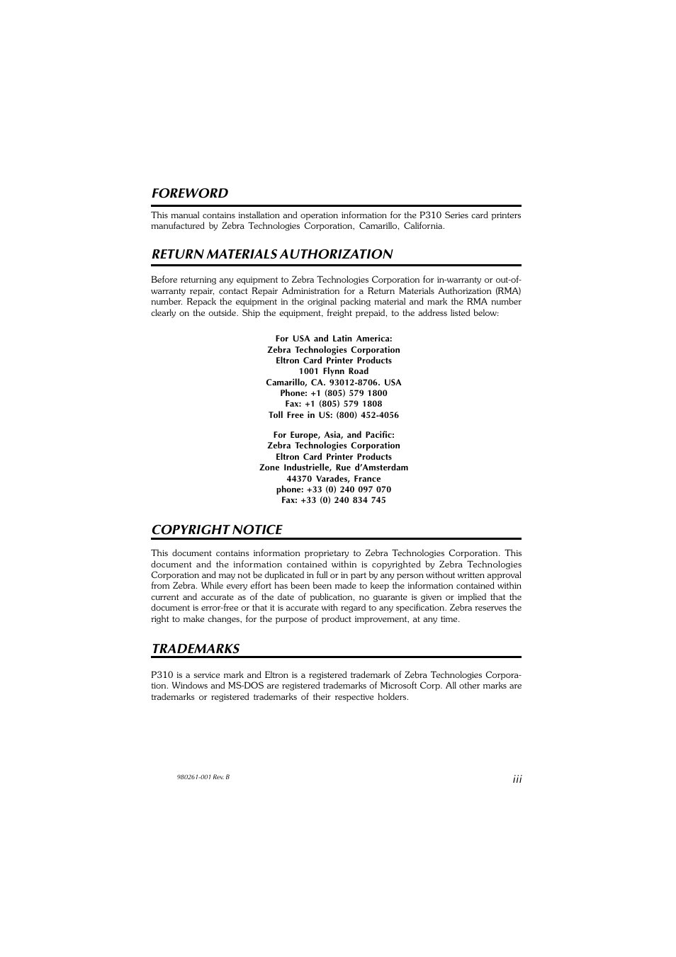Return materials authorization, Copyright notice, Trademarks | Foreword | Zebra Technologies P310F User Manual | Page 3 / 46