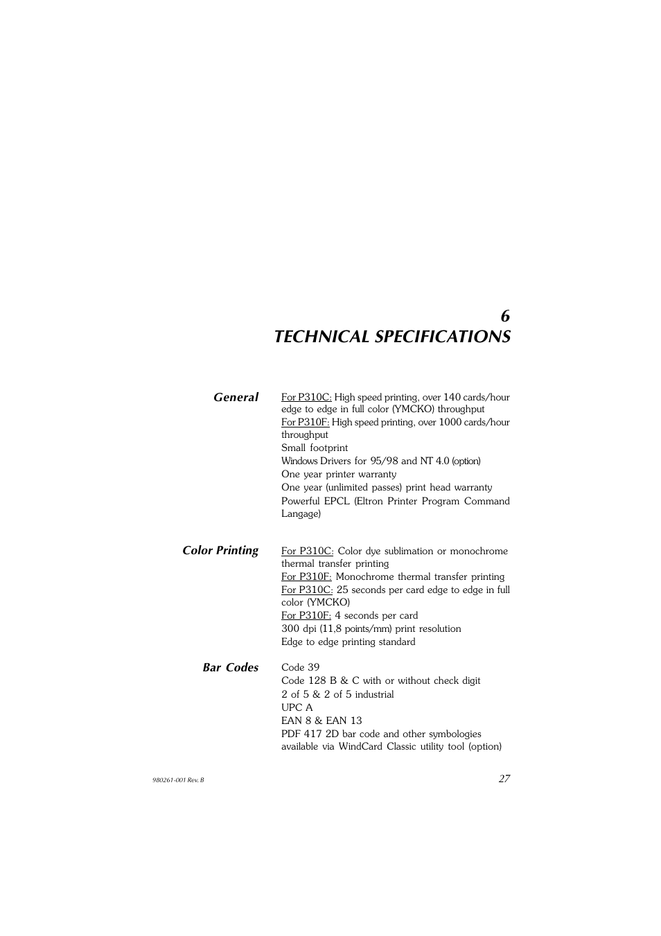 Technical specifications | Zebra Technologies P310F User Manual | Page 35 / 46